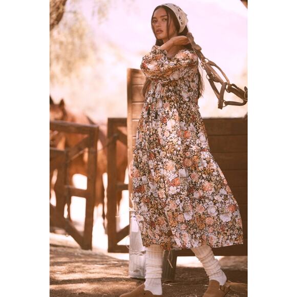 Promesa Black Size Large Floral V-Neck Chiffon Midi Dress - Picture 7 of 9